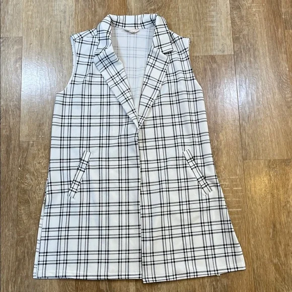 Melloday Longline Vest Windowpane Print White Black Open Front Medium M EUC - Picture 2 of 12